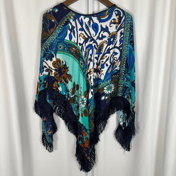Chico's‎ Fringe Poncho OS Blue Floral Colorblock Bohemian Resortwear Artsy - Picture 6 of 7